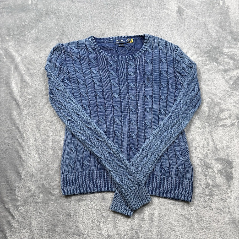 Polo Ralph Lauren Women's Blue Cable Knit Pima Cotton Sweater Size Medium